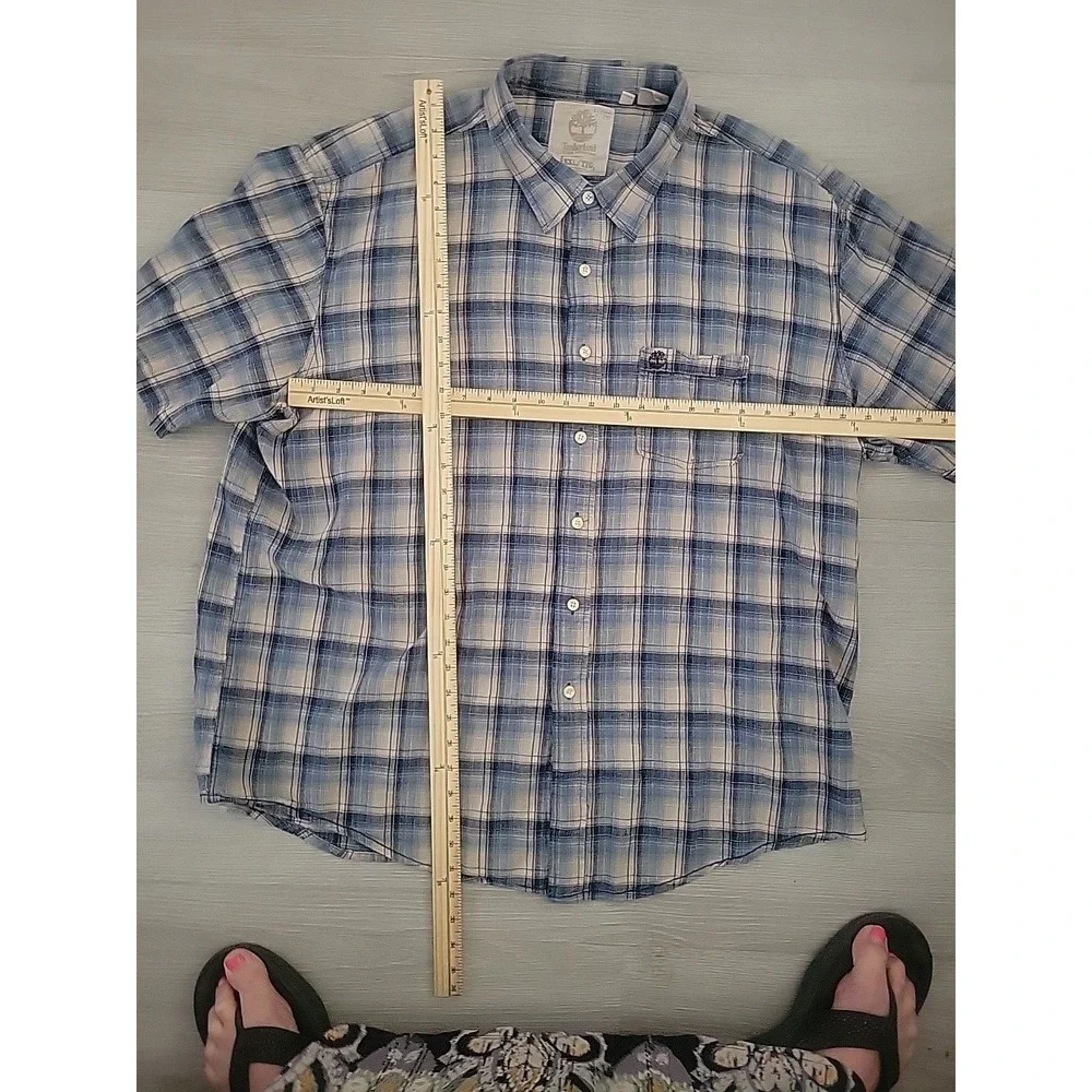 Timberland Shirt Mens Size 2XL Blue White Plaid Earthkeepers Short Sleeve Button